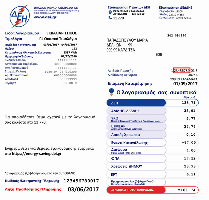 Απεικόνιση αρ. παροχής σε λογαριασμό ΔΕΗ